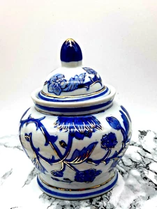 VINTAGE Japanese Style Porcelain Sugar Pot/Urn/Bonbon Dish Blue Gold Floral - Picture 1 of 11