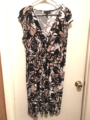 Black Tan White Floral Dress Wrap Tied V-Neck Size Large Dana Buchman - Image 1 of 4