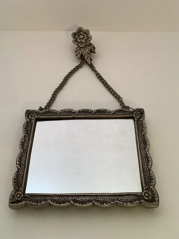 Vintage Pewter Vanity Hanging Wall Mirror Flower Hanger With Chain Beautiful Cover