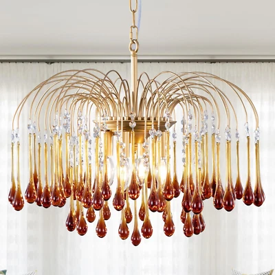 Lámpara de araña moderna de cristal dorado para comedor, cha de cristal de gota de lluvia Foto 1 de 4
