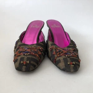 Auth Fendy Monogram Fabric Mules Slides Sz 35.5 - Picture 1 of 14