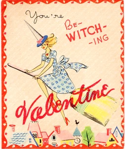 Tarjeta de San Valentín de colección, bruja en escoba "You're BE-WITCH-ING, doble globo - Imagen 1 de 4