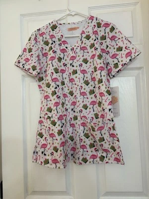 eliteMed Christmas pink flamingo Scrub Top, small - Image 1 of 2