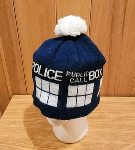 BBC Doctor Who Tardis Police Call Box Knit Beanie Hat Ski Cap Pom Pom - Picture 1 of 6