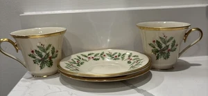 Lenox Holiday Christmas 24K Gold Teacup & Saucer Set Of 2 - Picture 1 of 10