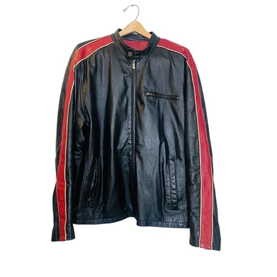 Wilsons M Julian Black Leather Racer Moto Biker Stripe Jacket Coat Mens XL Vtg - Image 1 of 4