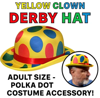 SOMBRERO DERBY PAYASO AMARILLO Multicolor Lunares Adulto Disfraz Gorra Bowler Divertido Foto 1 de 4