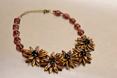 ВИНТАЖНЫЙ JOAN RIVER НАДПИСЬ КОНЬЯК ЦВЕТОЧНОЕ СТЕКЛО ЗОЛОТОЙ ТОН НАГРУДНИК ОЖЕРЕЛЬЕ - Изображение 1 из 4