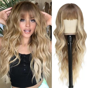 Blonde Wigs with Bangs for Women Long Curly Wavy Hair Wigs Heat Resistant Syn... - Picture 1 of 6