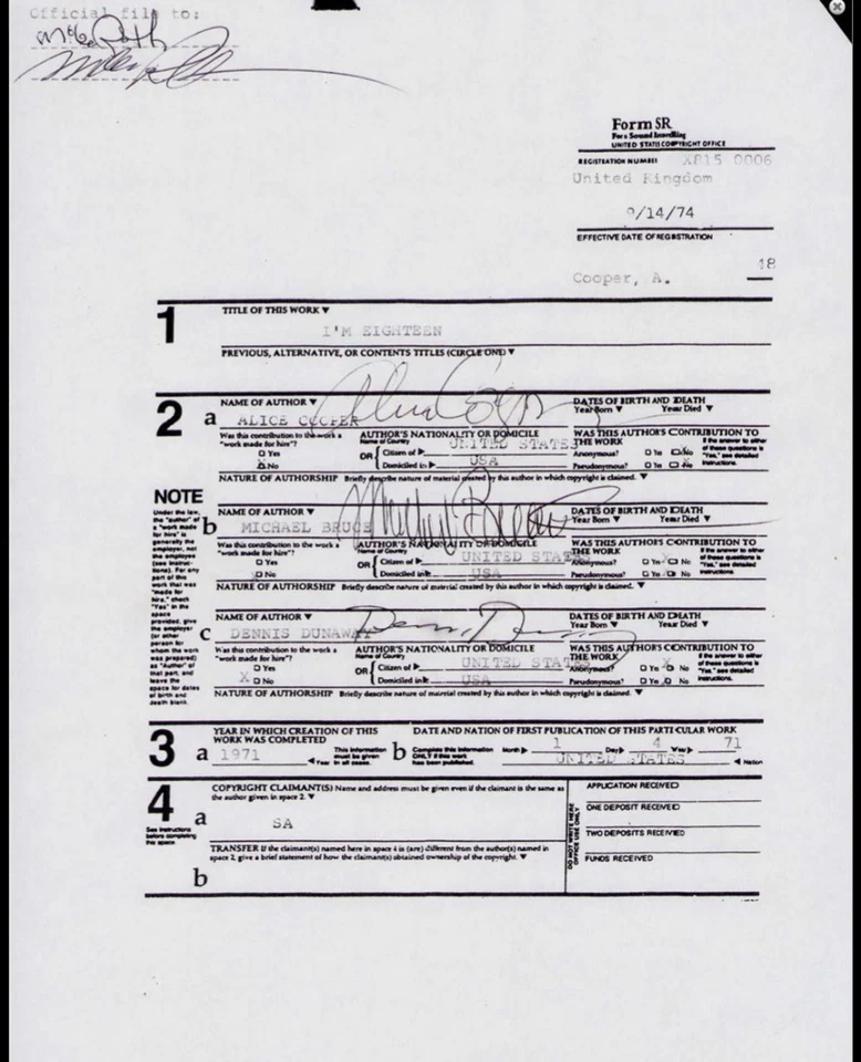 Alice Cooper Signed Original Band Contract Rare - Image 1 of 1