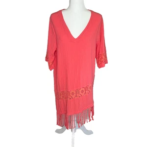 DRAWSTRINGS OF MALIBU Coral Dress Beach Coverup XL Fringe 100% Pre-Shrunk Cotton - Picture 1 of 19