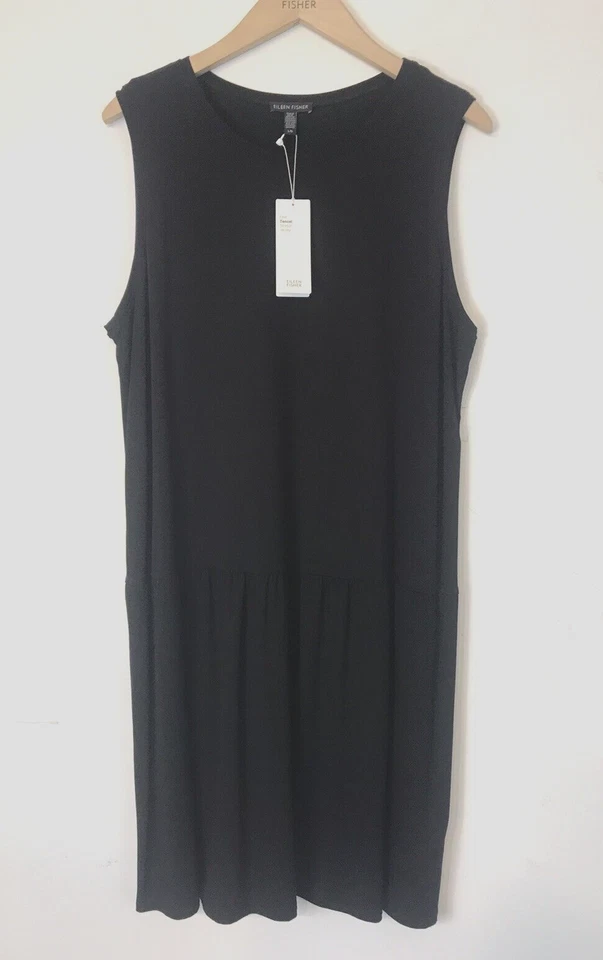 Eileen Fisher Black Drop Waist Tencel Stretch Jersey Dress Large L Rt158