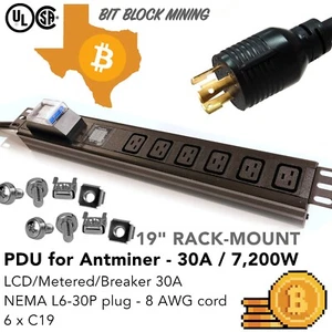 Rack-Mount 19" LCD Metered/Breaker Mining PDU 240V 30A L6-30P 6-Ports C19 - Picture 1 of 8