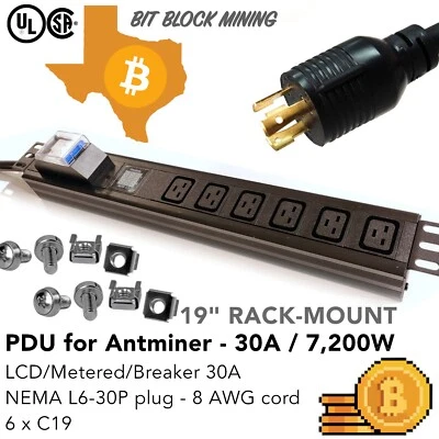 Rack-Mount 19" LCD Metered/Breaker Mining PDU 240V 30A L6-30P 6-Ports C19 - Image 1 of 4