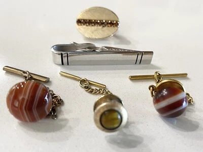 Lot of 5 Men's Gold and Silver Toned With Unique Stones Tie Clips & Pins Vintage - Image 1 of 4