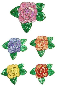 Unotrim Red Pink Purple Orange Yellow Rose Beaded Sequins Sew On Patch Applique - Picture 1 of 6