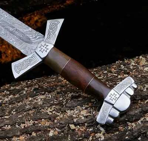 Espada única hecha a mano de acero Damasco estilo medieval/vikingo con funda de cuero - Imagen 1 de 5