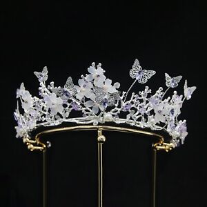 Lovely Butterfly Flower Pearl Crystal Large Tiara Crown Pageant Prom 8 Colors
