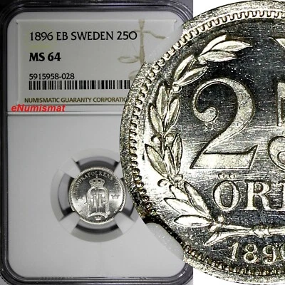 Sweden Oscar II Silver 1896 EB 25 Ore NGC MS64 NICE GEM  KM# 739 (028) - Image 1 of 4