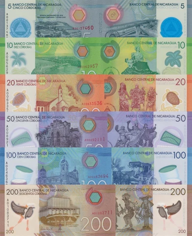 Nicaragua 6 PCS Set: 5 to 200 Cordobas (2015/2017), p209-p213 Polymer UNC Cover