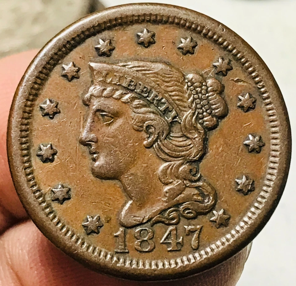 Moeda de cobre 1847 centavo grande cabelo trançado de matrona 1C escolha não classificada EUA CC25181 - Imagem 1 de 4