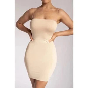 Meshki Solid Nude Bodycon Mini Dress Women’s Size L Spaghetti Strap Sexy Sleek - Picture 1 of 10