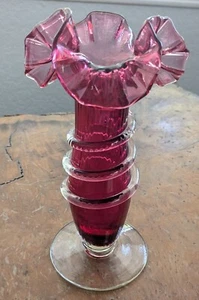 Cranberry Glass Vase Applied Rigaree Ruffled Edge Antique Ribbed - Picture 1 of 12