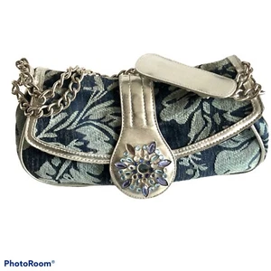 Teal Chenille Jacquard Shoulder Saddle Bag Purse Silver Chain Strap 10x5.5x2” - Picture 1 of 4