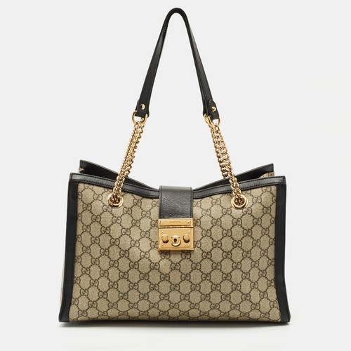 Borsa a tracolla Gucci beige nero GG Supreme in tela con lucchetto medio