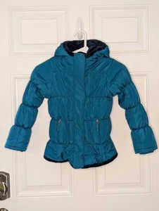 Lands End Hooded Fleece Lined Puffer Coat Jacket Girl's Full Zip Aqua Size 5/6 - Picture 1 of 7
