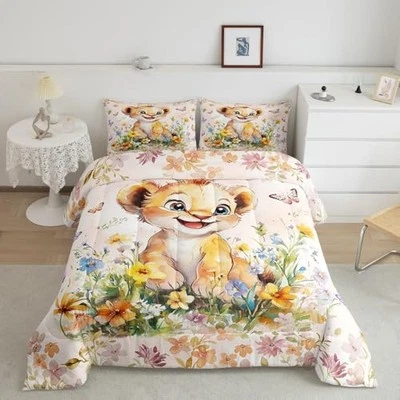  Edredón Lion Kids, lindo juego de cama Little Lion para niñas doble verde naranja Foto 1 de 4