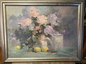 Original Öl auf Leinwand Gemälde P. Ford 1995 Hortensien & Teekanne 27,5"x21,5" - Bild 1 von 2