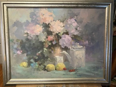 Original Oil on Canvas Painting P. Ford 1995 Hydrangeas & Teapot  27.5"x21.5" - Image 1 of 2