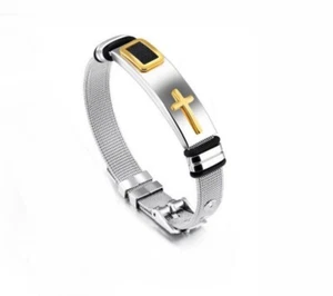Men's Stainless Steel Mesh Christian Religious Prayer Cross Bracelet 8.5" Gold - Picture 1 of 6