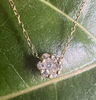 Flower 14k Yellow Gold Round Diamonds Necklace Pendant 13”- 16” Adjustable Chain - Image 1 of 4