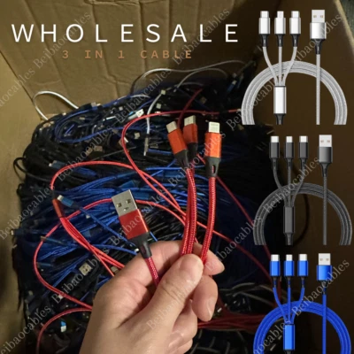 Lot 3A USB Fast Charging Cable 3in 1 Charger Cord 4ft For iPhone USB-C Micro USB - Image 1 of 4