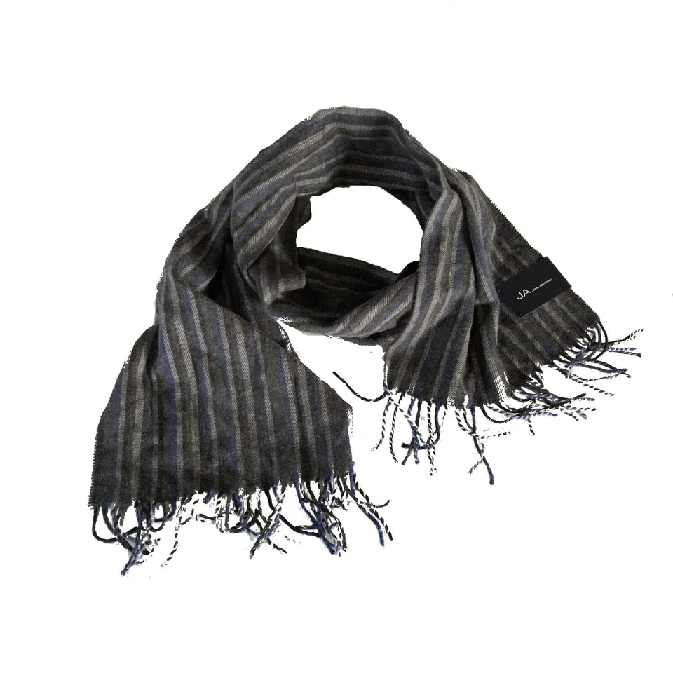 John Ashford Mens Scarf Unisex Lined Blue Grey Fringe Knit Striped - Image 1 of 1