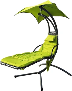 Hanging Curved Chaise Lounge Chair Swing with Cushion, Pillow, Canopy, Stand and - Picture 1 of 4
