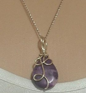 Polished Natural Amethyst Wire Wrapped Stone on Sterling Silver Chain - Picture 1 of 8
