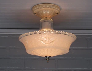 Vintage Art Deco Glass Ceiling Light Peachy Pink Rewired UL Semi Flush Mount 11" - Picture 1 of 12