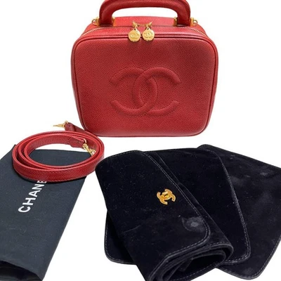 CHANEL COCO Mark Estuche de tocador bidireccional Piel de caviar Rojo mini bolso de hombro artículo usado JP Foto 1 de 4