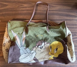 Vintage Looney Tunes Duffle Bag 1995 Canvas Bugs Bunny Tweety Bird Tasmanian - Picture 1 of 12