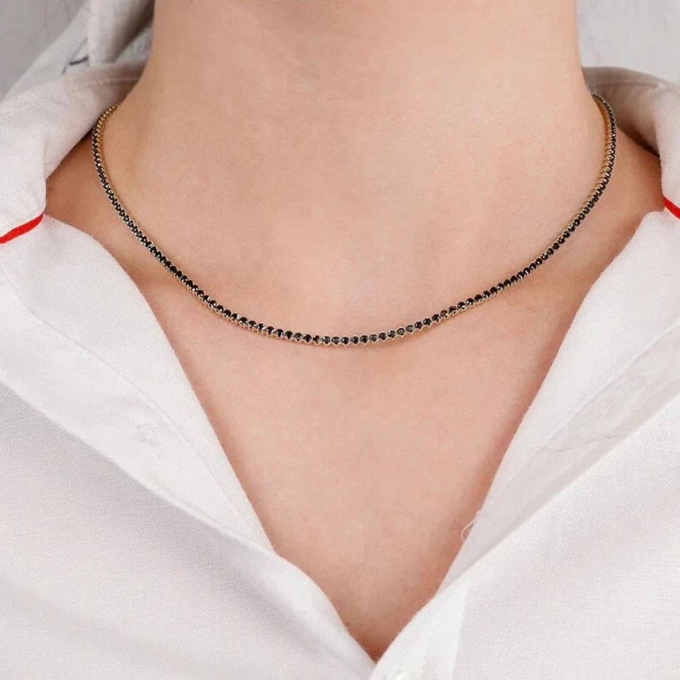 Collar de tenis de diamantes negros creado en laboratorio de oro amarillo de 10 quilates de corte redondo de 4 quilates de 18" Foto 1 de 4