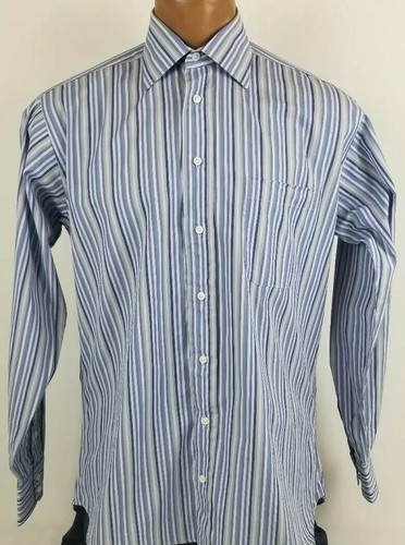 Men's Burberry London Blue Striped Long Sleeve Button Down Dress Shirt 15 1 2 34