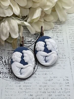 Rose Gold Mom Baby Boy Blue Gift Setting Mother Child Earrings Cameo Birthday - Image 1 of 4