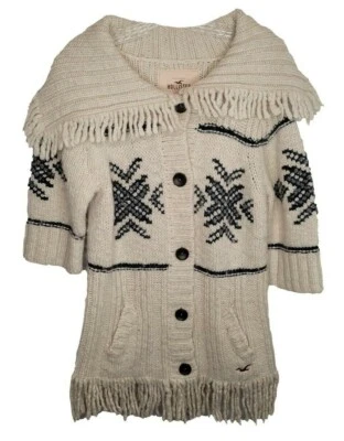 Hollister M L White Blue Wool Rabbit 3/4 Sleeve Knit Fringe Sweater Cardigan - Image 1 of 4