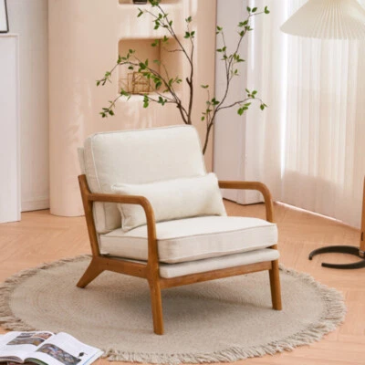 Armrest Oak Upholstered Single Lounge Chair Indoor Lounge Chair Off-White - Image 1 of 4