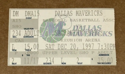 Sacramento Kings Dallas Mavericks NBA Ticket Stub Richmond Finley 12/20/1997 - Image 1 of 2