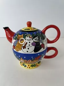 Juego de tazas de tetera Catzilla 2001 Candace Reiter 2 en 1 gato en trineo invierno Navidad - Imagen 1 de 10