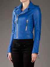 Women's High Quality Real Lambskin Leather Motor Biker Jacket Slim Fit Blue Coat
